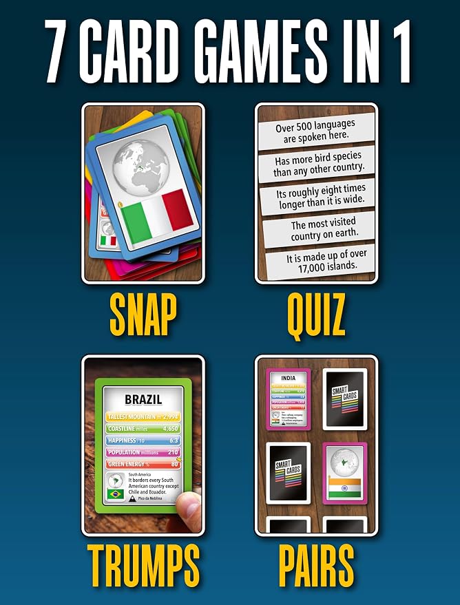 SMART CARDS Countries, Gift, Stocking Stuffer, Travel Game, 7 Games in 1, Pairs, Snap, Trumps, Rummy, Memory Quiz, Learn Facts, Age 5+, 1-8 Players