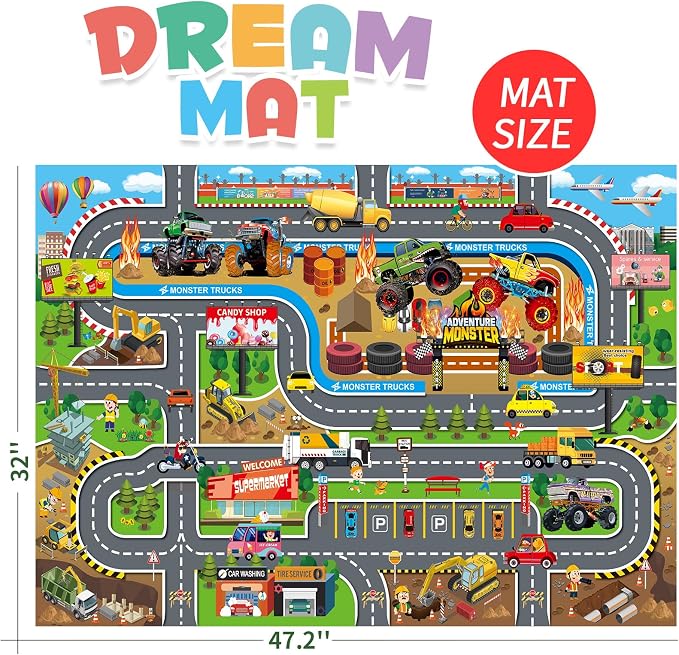 Oriate Kids Toy Dream Mat Monster Truck Activity Playmat, Multi Color Parent-Child Interaction Game Rug, Ideal Children's Educational Floor Mats for Monster Cars Construction Truck Toys 552-M
