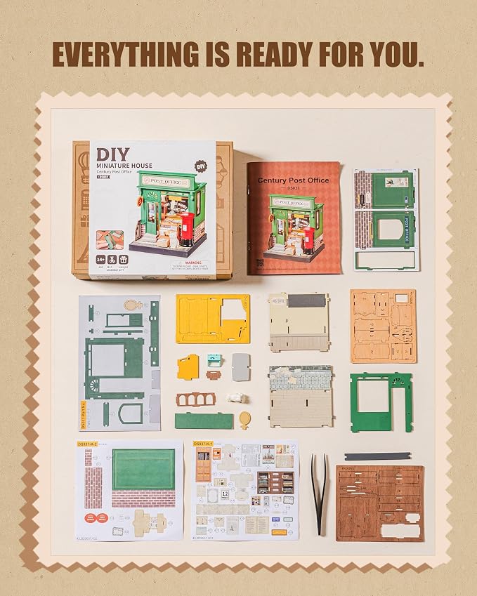 Robotime DIY Miniature House Kit for Adults, 1:28 Diorama Dollhouse with LED Lights, 3D Wooden Puzzles for Adults, Creative Crafts & Unique Gift for Craft Enthusiasts (Century Post Office)