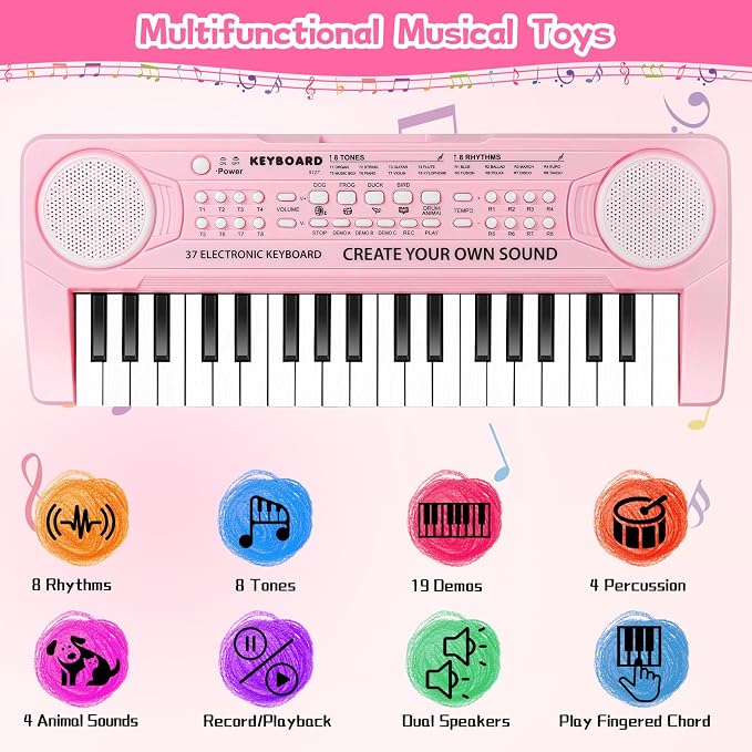Kids Toddler Toy Piano Keyboard - 37 Key Pianos for Kid Music Toys Instruments with Microphone | Unlock Musical Fun! Perfect Birthday for 3-8 Year Old (Pink)