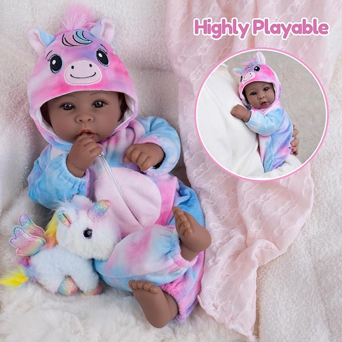 Aori 17 Inch Black Lifelike Baby Dolls Realistic Black Girl Doll with Soft Lightweight Body, Colorful Pony Outfit & Feeding Accessories, for Girls Age 3+