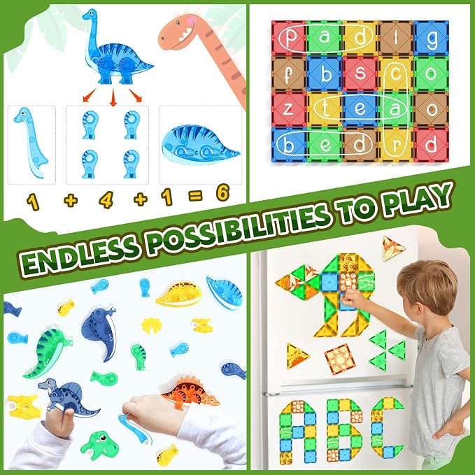 Coodoo Dinosaur Toys Magnetic Tiles 3D Movable Dinos for Kids 3-5 5-7 Toddler Outdoor Sensory Toys, STEM Educational Magnetic Blocks for 3+ Years Old Boys Girls Kids Toy