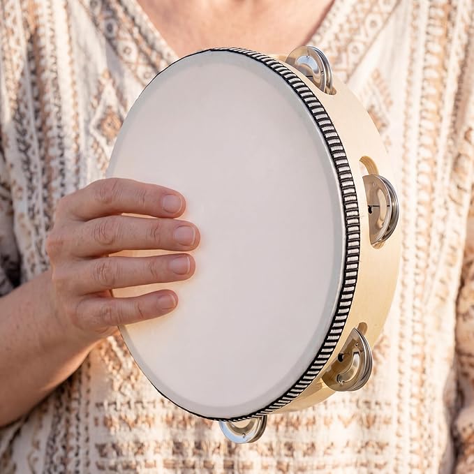 Tambourine for Church 8 inch Hand Held Drum Bell Birch Metal Jingles Percussion Musical Educational Drum Instrument for KTV Party Kids Games by Musfunny (8 inch)