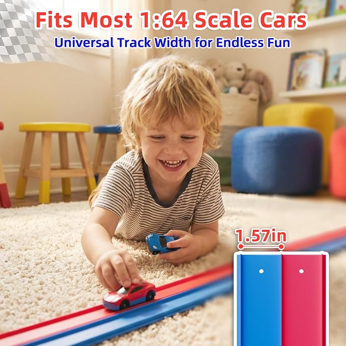 15 Ft Flex Race Car Track for Kids, Flexible Track with 3 Cars, 3 Suction Cups, Compatible with 1:64 Diecast Cars, Window Tile Racing Toy Ages 3+, Red Blue