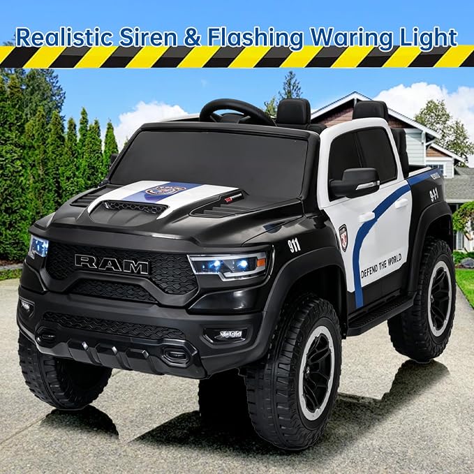 FINITO 4WD Kids 24V 4x4 Kids Ride On 2 Seater Police Truck, Remote Control Ride On Toy Car, Kids' Electric Ride On Truck, Kids' Side by Side Truck for Children Ages 3+, Powered Cars for Kids