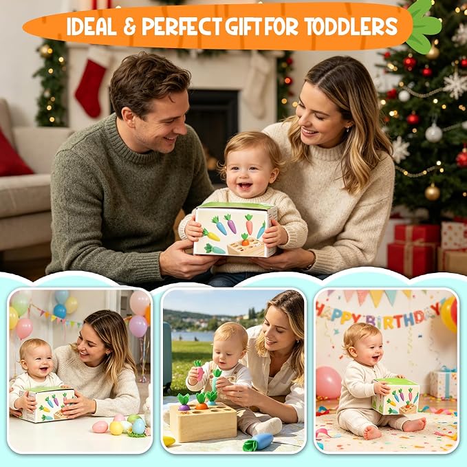Wdmiya Montessoritoys for 1 Year Old, Wooden Toys Developmental Shape Sorting & Matching Puzzle Macaron Carrots Harvest Game, Birthday Gifts for Toddlers Babies Boys and Girls 6-12 Months Christmas