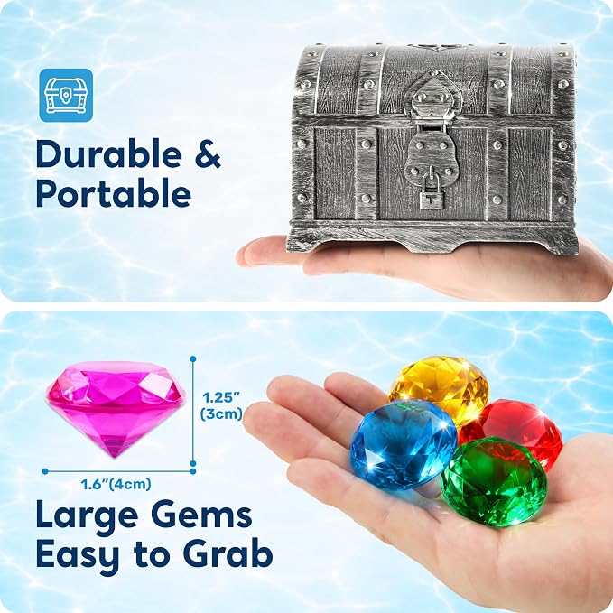 Sloosh Diving Gems Pool Toys,16 Big Colorful Diamond with Pirate Treasure Chest,Swim Dive Toy for Kids Underwater Gemstone Swimming Training Gift Water Toys Pool Games(Silver)