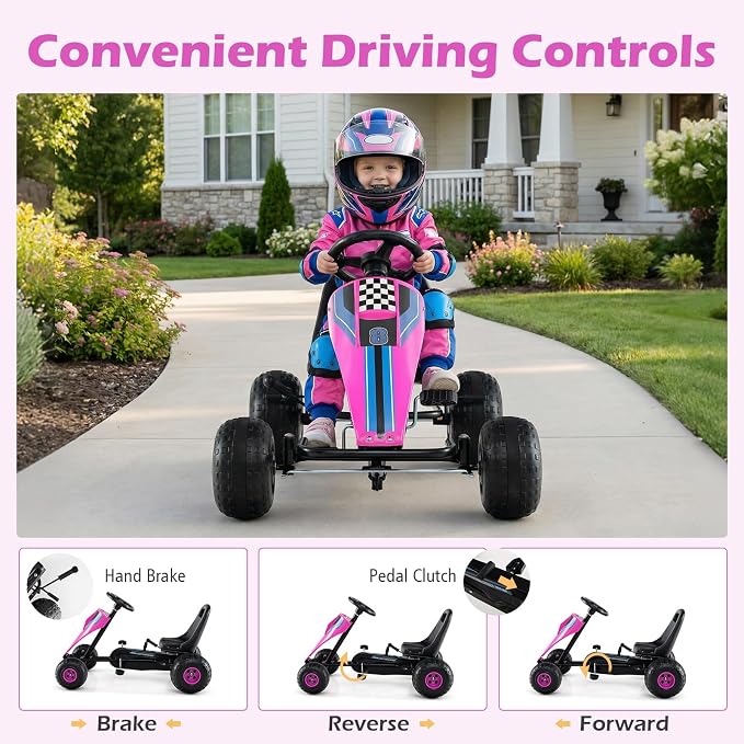 Costzon Pedal Go Kart, 4 Wheel Ride on Toy Pedal Car with Adjustable Seat, Handbrake, Free-Wheel & Pedal Modes, Outdoor Bicycle Go Cart with Wear-Resistant Wheels, Gift for Boys and Girls (Pink)