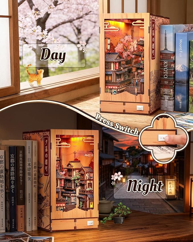 CUTEBEE Book Nook Kit Sakura Wine Alley, 3D Wooden Puzzle Booknook for Adults,LED Bookshelf Decor,DIY Miniature Dollhouse Bookend, Crafts Gifts for Adults, Teens & Book Lovers (Twilight Sakura Path)