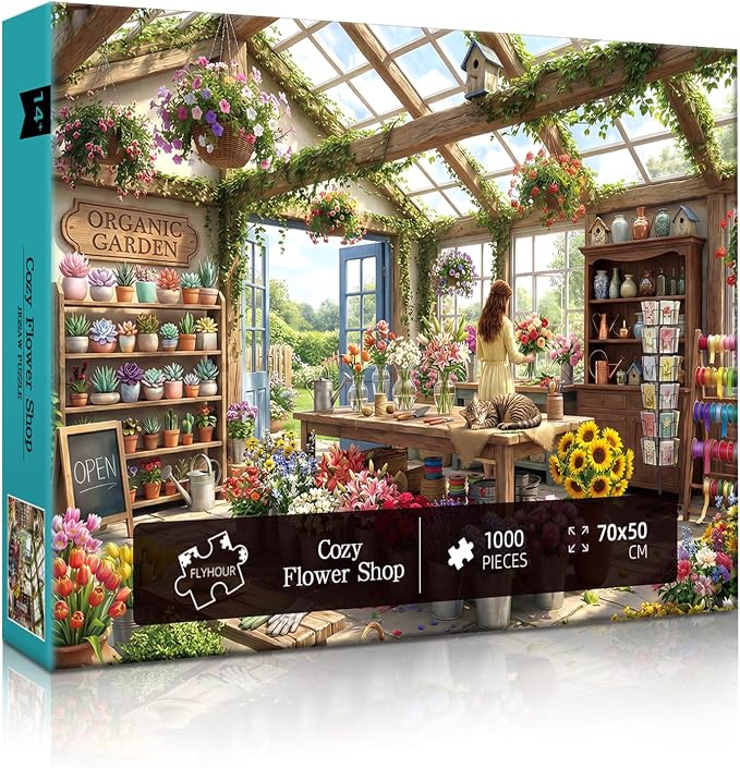 Cozy Flower Shop Puzzles for Adults 1000 Pieces,Challenging Jigsaw Puzzles for Adults,Difficult Impossible Puzzle for Family Game Night,Puzzle with Letters on Back,Recycled Paper Jigsaw Puzzle