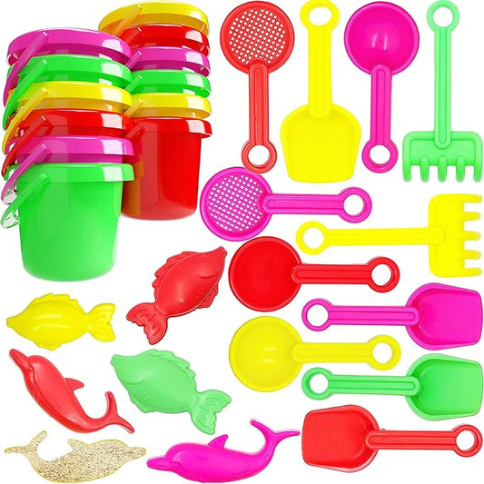 The Dreidel Company 12-Pack Mini Beach Day Playsets 3.25" Sand Bucket Play Set Box Includes, Pail, Shovel, Rake, Sifter Scoop, Dolphin Fish Sand Trays Toy for Boys and Girls Birthday Party Favor