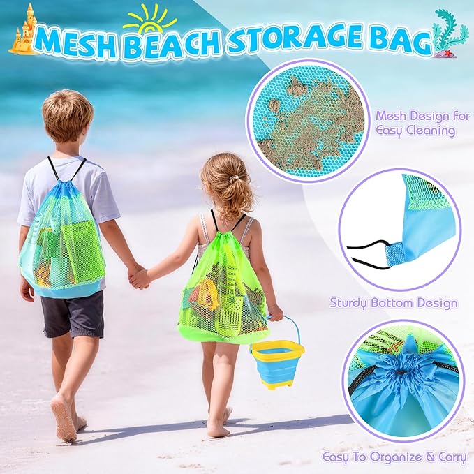 FHOZGECY Beach Sand Toys, 2 Trucks, 2 Collapsible Buckets, Sand Molds, Farm Animals, Upgrade Tools, Mesh Bag, Indoor Outdoor Play Set for Kids Ages 3-12, Multi‑Scene Play for Summer Travel Beach Games