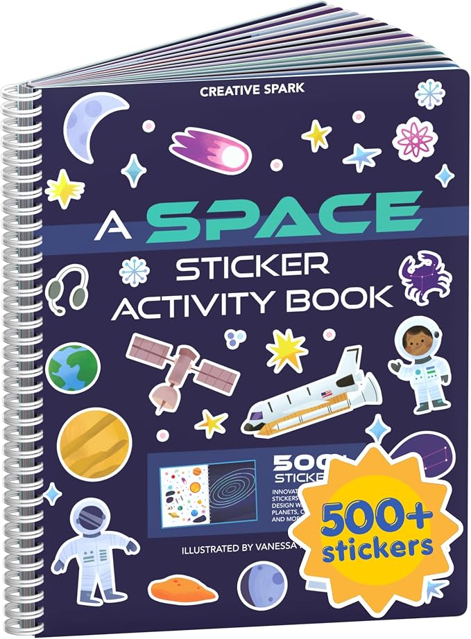 CUPKIN Outer Space Sticker Book for Kids 2-4, 500+ Kids Stickers 12 Coloring Pages, 12 Side by Side Scenes, Fun Toddler Travel Activity Coloring and Sticker Books for Ages 4-8 + 8-10