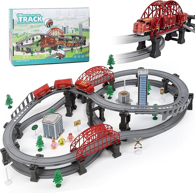 Wdmiya Train Sets for Toddlers, 128 Pcs Trains Toy with Battery Operated & Tracks (Magnetic Connection), Compatible with Thomas, Brio, Christmas Toy Gifts for 3 4 5 6 7 8 Years Old (Forest)
