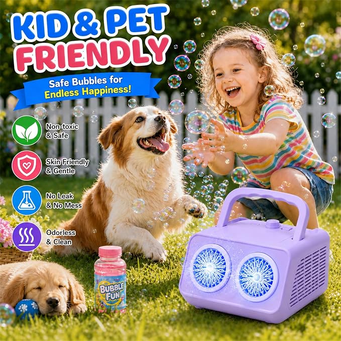 SHCKE Automatic Bubble Machine with 2 Fans,20000+ Bubbles/Min | Dual power USB-C/AA, No-Leak Sealed Bottle,Portable Bubble Maker for Pool, Wedding, Camping, Birthday Parties