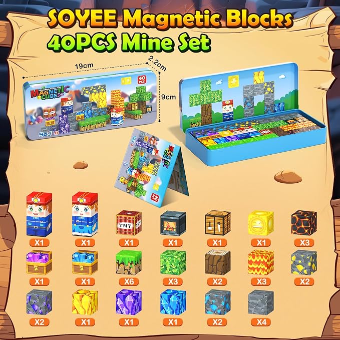Soyee Magnetic Blocks Travel Toys with Metal Tin Travel Essentials STEM Learning Outdoor Building Kids Toddler Toys & Birthday Gifts for Boys Girls Ages 3+