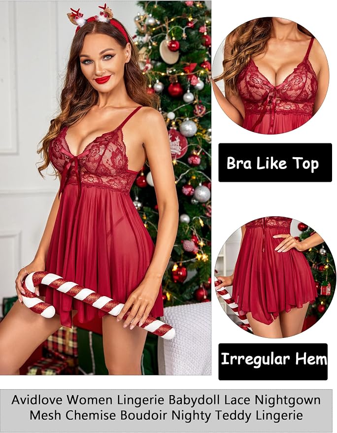 Avidlove Women Lingerie Lace Babydoll Mesh Nightgown Chemise Boudoir Nighty Sleepwear