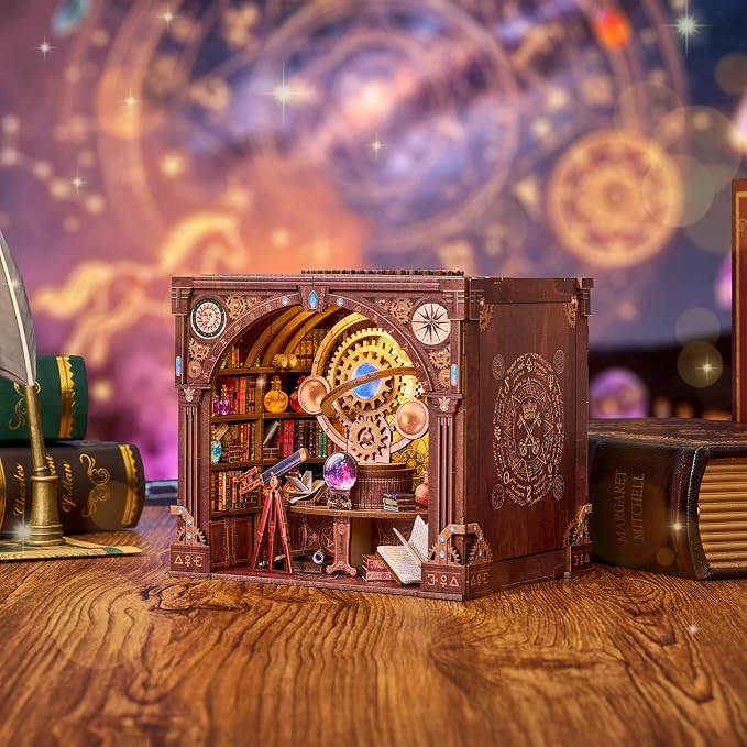 DIY Miniature Dollhouse Kit,3D Wooden Puzzles for Adults to Build, Birthday/Christmas Day Gift for Astronomy & Steampunk Lovers,Mini Zodiac Library with LED Lights,Star Trail Magic Workshop