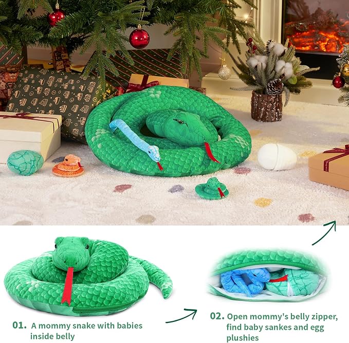 MorisMos Giant Snake Stuffed Animal Mommy with Babies & Eggs,Realistic Stuffed Snake Plush Toys for Kid Girl Boy 3 5 7 8 12,Long Green Boa Constrictor Anaconda Toys,Python Gift for Halloween Christmas