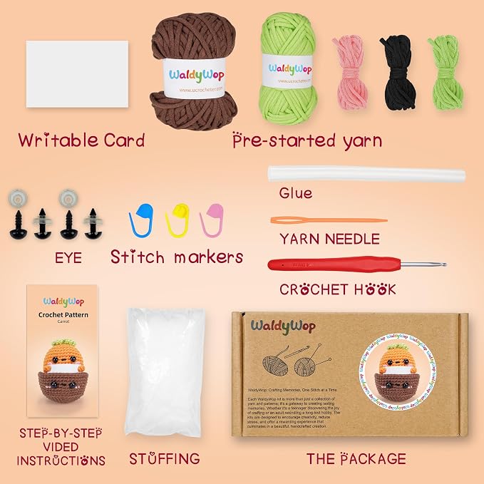 WaldyWop Beginner Crochet Kit: Wobbles Crocheting Starter Kits for Adults - Learn to Crochet Set w/Step-by-Step Video - Complete Knitting Kit, Easy Crochet Yarn, Birthday Gifts for Women