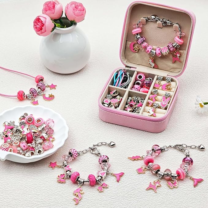 ONADEBY Charm Bracelet Making Kit - Pink DIY Jewelry Making Kit for Girls, Friendship Bracelet Kit with Portable Jewelry Box Bag Packing for Birthday Christmas New Years Mother's Day Craft Gifts