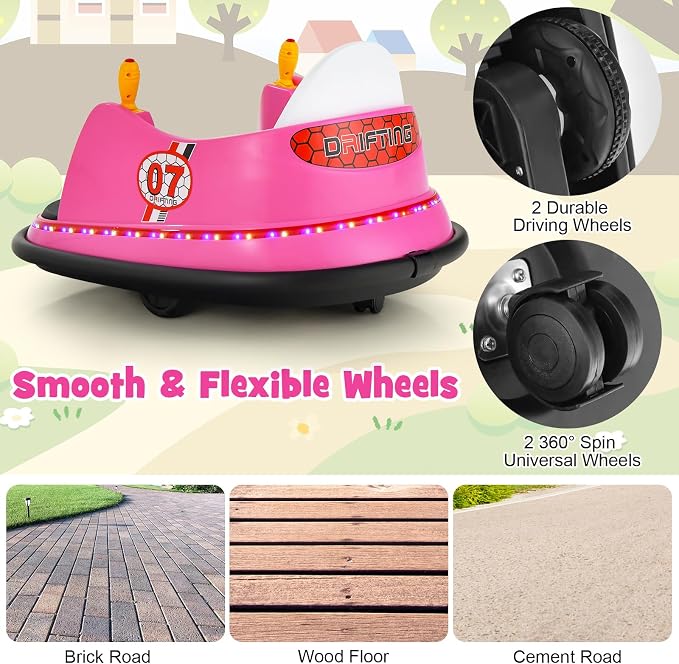 Costzon Bumper Car for Kids, 12V Electric Toddler Bumping Car with Remote Control, Dual Joysticks, 360 Spin, Music, Flashing Lights, Slow Star, Kids Bumper Car Ride on Toy for Boys Girls Gift (Pink)
