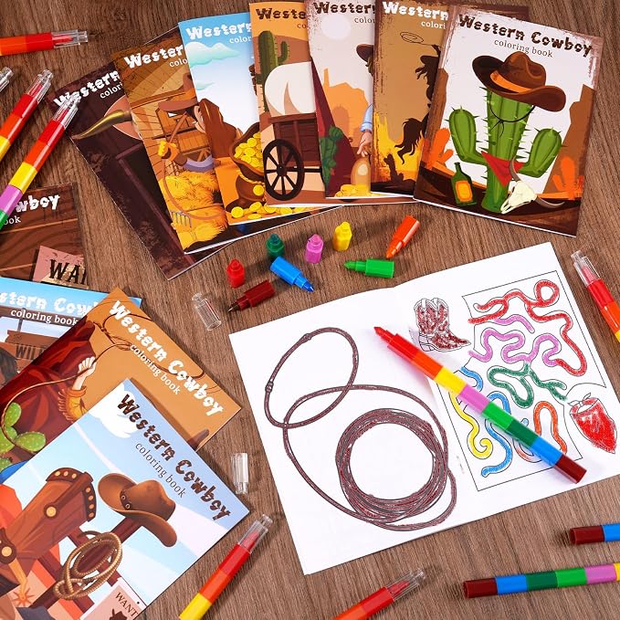 BenLouis 24 Pcs Western Cowboy Mini Coloring Books Kids Wild West Party Favors Small Activity Books Bulk for Kids Yee Haw Rodeo Horse Birthday Horse Goodie Bags Stuffers Return Gifts Classroom Travel