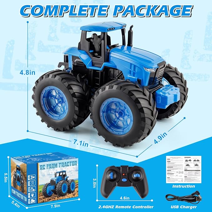 IJIGU Remote Control Tractor Toys, Light Up Farm Monster Trucks Toy for Boys 3, 4, 5, 6, 7 Year Old, 2.4 Ghz RC Tractor Toys, Ideal Christmas, Birthday Gifts for Kids