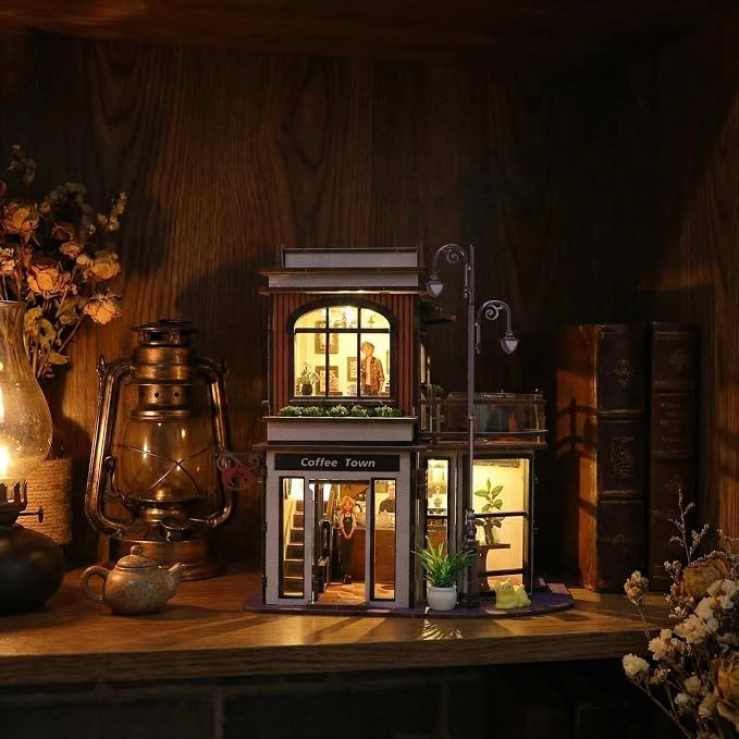 DIY Book Nook Kit, DIY Miniature House Wooden Coffee Shop Dollhouse with LED Light, 3D Wooden Puzzle for Adults & Teens Creative Bookshelf Decor, Craft Hobby Gift