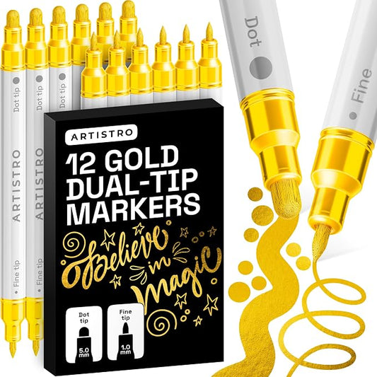 ARTISTRO 12 Gold Dual-Tip Acrylic Paint Markers – Paint Pens Set with Dot & Fine Tips for Fabric, Rock, Glass, Wood, Coloring Books – Arts & Crafts Gift – Classroom Must Haves & School Supplies