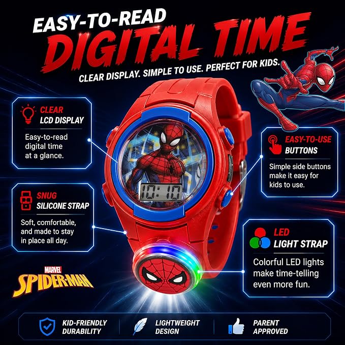 Marvel Spider-Man Kids Watches – Digital Display, Interactive Features, Adjustable Strap, Vibrant Spider-Man Graphics, Durable for Active Kids