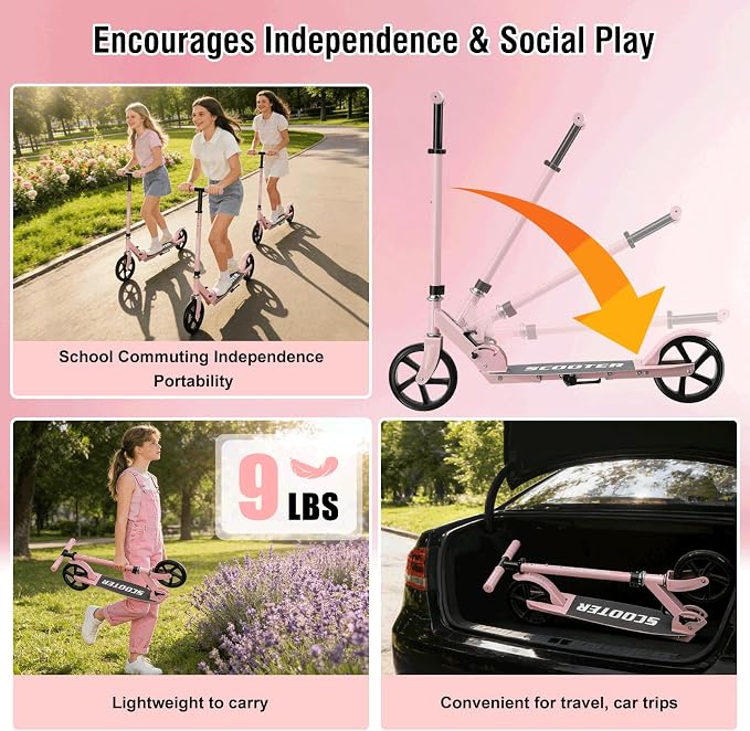 Scooter for Age 6+, Folding Kick Scooters for Kids 8-12,Teens, Adults up to 250Lbs,3 Adjustable Heights, Rear Brake, Wide Antislip Deck, Lightweight Scooter for Boys Girls