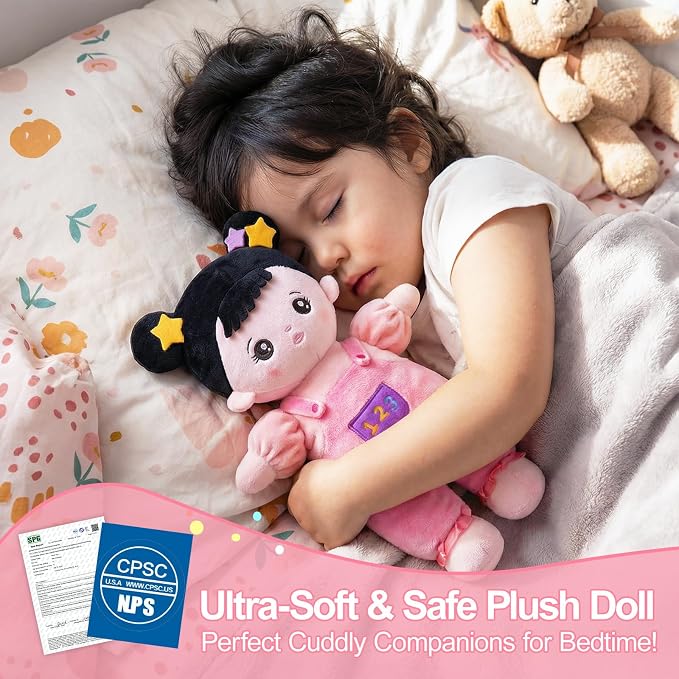 OUOZZZ 10" Soft Baby Doll Accessories with Plush Asian Doll, Bassinet, Blanket and Bottle, Toys for 2 Year Olds Girls Birthday Gift, Interactive Pretend Playset for Preschool, Home