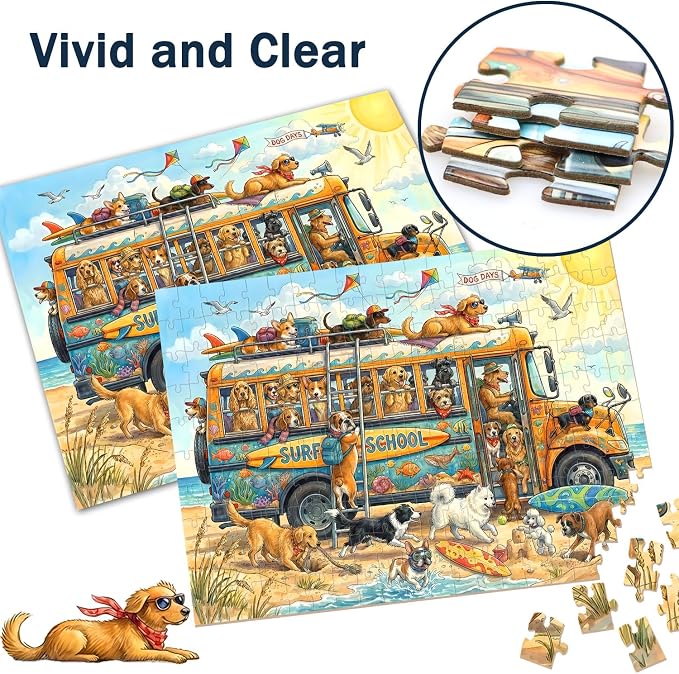 Puzzles for Kids Ages 6-8 8-10 10-12 - 200 Piece Jigsaw Puzzles for Kids Aged 6 to 12 - Dogs On The Beach Surf Fun Animal Puzzle - Colorful Children Puzzles for Girls and Boys Educational Toys