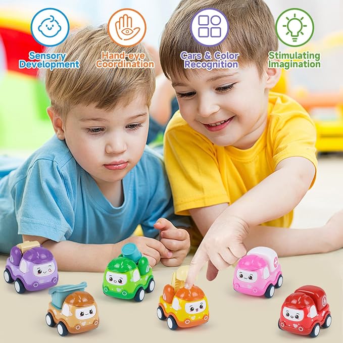 Baby Mini Car Toys for 1 Year Old Boy Gifts, 6 Sets Pull-Back Trucks for Toddlers Age 1-3, Infant Push and Go Friction Powered Vehicles, Early Educational Birthday Gift for 1 2 3 Year Olds Boy Girl