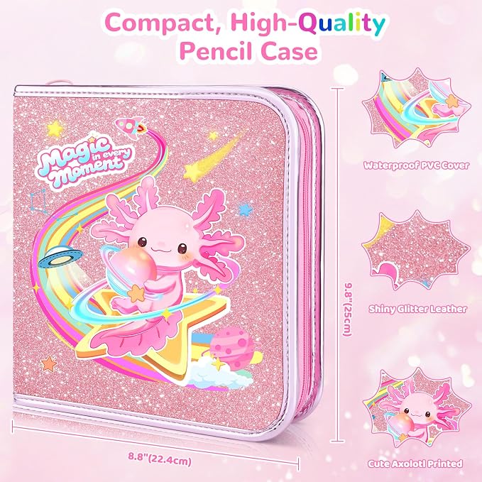 MAIGOZON Axolotl Gifts for Girls - 72 PCS Scented Markers Art Set for Kids Ages 4-8, Coloring Kit with Glitter Case, Mermaid Coloring Book & Quick-Dry Gel Pens, Birthday Christmas Gift