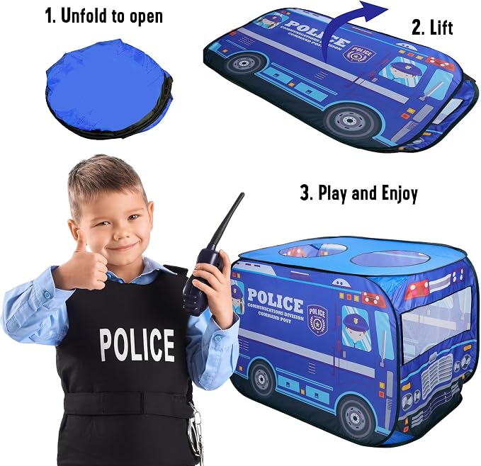 Playbees Musical Police Car Pop Up Play Tent with 3 Openings - Tent for Toddlers - Indoor & Outdoor - Pop Up Tents for Kids - Includes Carry Bag and Sound Button- 43.5x28x26.5 Inch