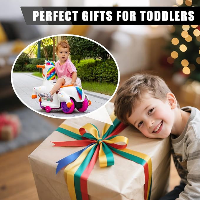 TOBBI Electric Unicorn Ride on Toy Kids Car for Toddler Ages 2-6 Battery Powered Rideable Rocking Horse Pony with Music 3 Wheeler Motorized Unicorn Riding Toys for Baby, Girls & Boys