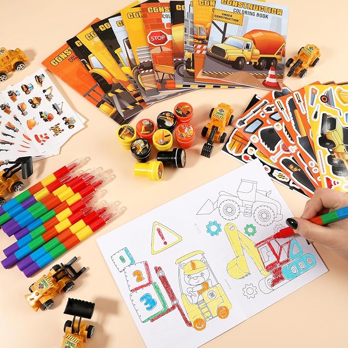 BenLouis 168Pcs Construction Party Favors Excavator Theme Coloring Books Crayons Sticker Set Bulk for Kids Construction Birthday Goodie Bag Stuffer Classroom Gifts Rewards Craft Pinata Fillers