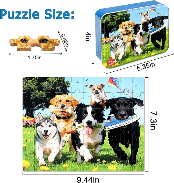 LELEMON Puzzles for Kids Ages 4-6,Dogs on the Grass 60 Piece Puzzles for Kids Ages 4-8 in a Metal Box,Children Jigsaw Puzzles Kids Puzzles,Educational Learning Puzzle Toys for Girls and Boys