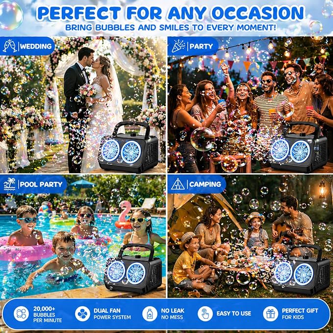 SHCKE Automatic Bubble Machine with 2 Fans,20000+ Bubbles/Min | Dual power USB-C/AA, No-Leak Sealed Bottle,Portable Bubble Maker for Pool, Wedding, Camping, Birthday Parties