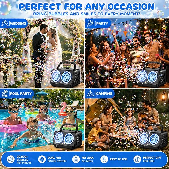 SHCKE Automatic Bubble Machine with 2 Fans,20000+ Bubbles/Min | Dual power USB-C/AA, No-Leak Sealed Bottle,Portable Bubble Maker for Pool, Wedding, Camping, Birthday Parties