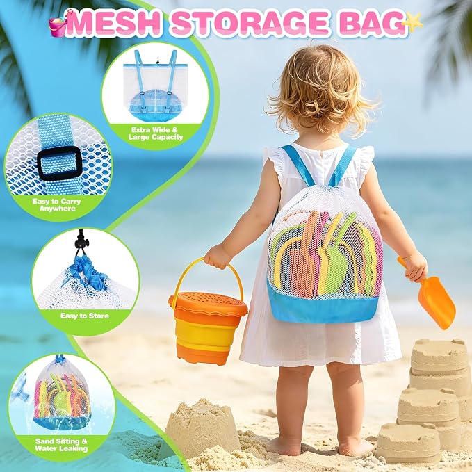 OCHIDO 4 Pack Beach Sand Toys for Kids, Travel Beach Toys with 4 Collapsible Beach Bucket, Sifter, Shovel & Storage Mesh Bag, Summer Outdoor Sandbox Toys for Boys Girls 3 4 5 6 7 8 9 10 Year Old