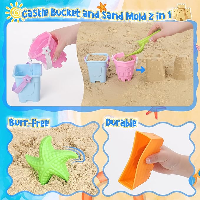 FUSPWEAO Beach Sand Toys, Sand Castle Toys with Castle Bucket, Creative Molds, Shovel and Rake, Sandbox Play Set for Kids Ages 3-12, Outdoor Summer Beach Essentials for Building & Playing