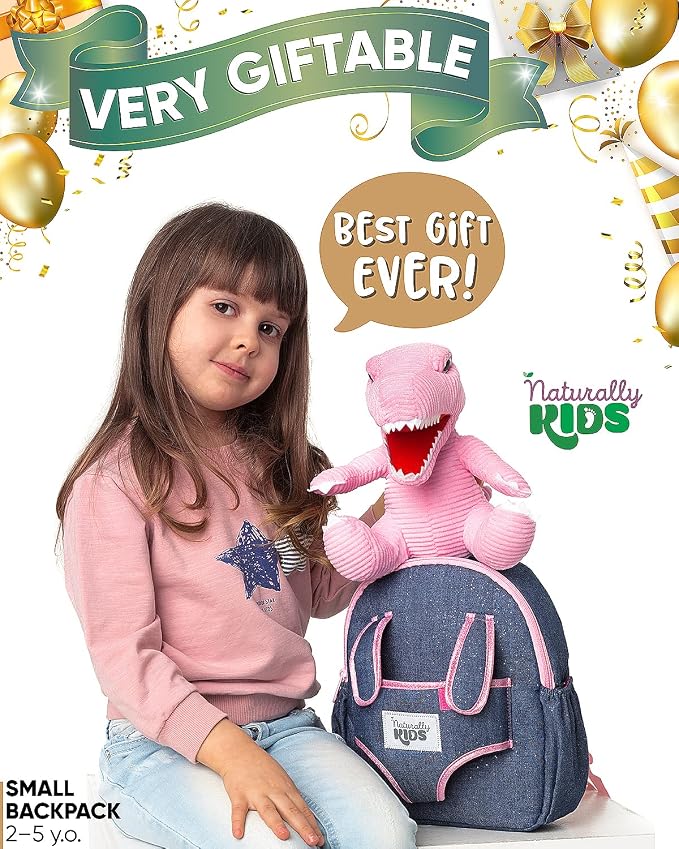 Naturally KIDS Pink Dinosaur Toys for Girls, Dinosaur Gifts for Girls 2-5 Year Old, Toddler Backpack