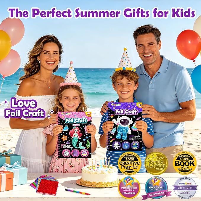 FUNNYB&G Foil Art Craft Kit for Boys 4-10 Years Old: Mess-Free & No-Glue, Create 16 Sparkly Space Pictures – Perfect Travel Toy & Birthday Gift for Kids (Space)