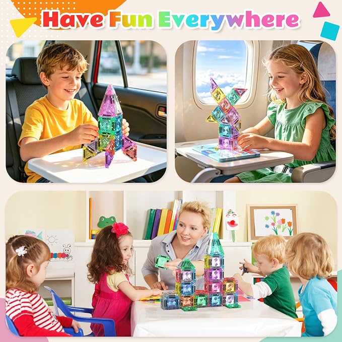 Mini Magnetic Tiles, 44PCS Portable Travel Magnetic Tiles Set with Case, Creativity Boosting Building Toys for Boys and Girls Ages 3+, Educational Toy for Kids STEM & Construction Learning