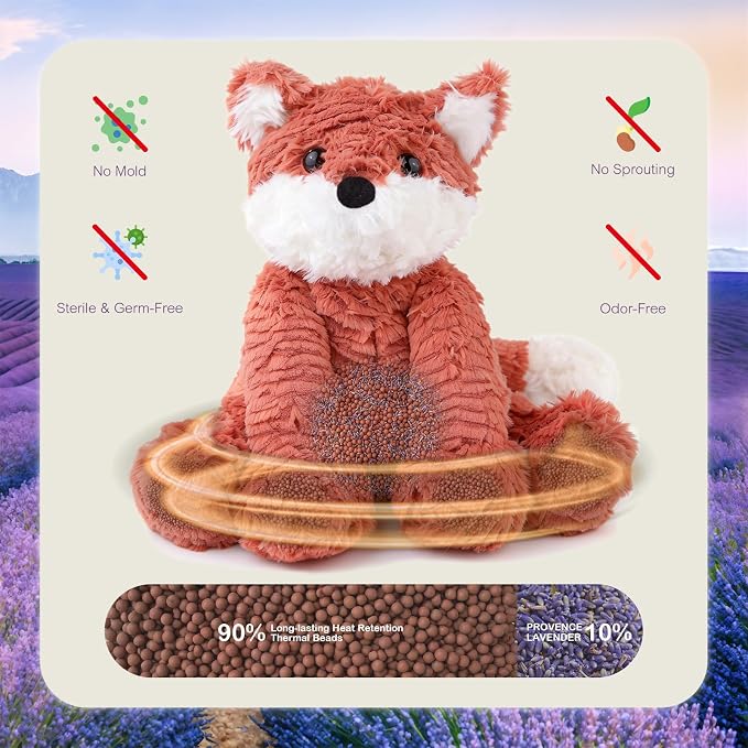 KOWSI® Microwavable Heating Pad Vulpes Red Fox Plush - Weighted Stuffed Animal Toy Tourmaline Beads & Lavender - 1.1 lb for Long Lasting Cozy Warmth & Relaxation - Includes Gift Box & Greeting Card