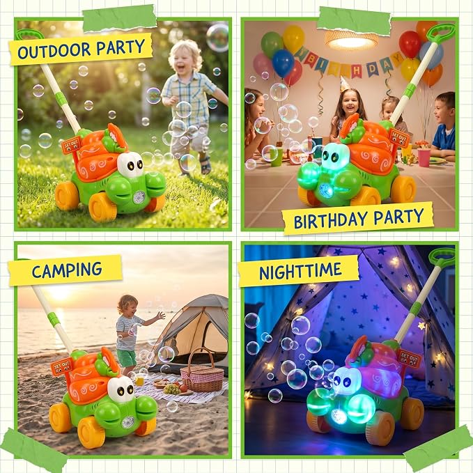 Crab Bubble Machine for Kids,Handheld or Push Bubble Maker Blower,Bubble Lawn Mower W/Lights,Outdoor Toys Birthday Gift for Toddlers Boys Girls 3 4 5 6 Years Old (USB Rechargeable)