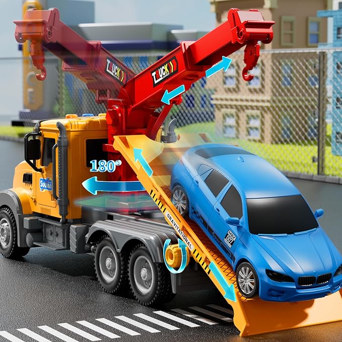 JUKUDAHU Tow Trucks for Toddlers 2-4 Years Old - Flatbed Truck Toy for Kids Aged 3-5 4-8,Friction Powered Transport Crane Toy with Light and Sound, Racing Car, Birthday Gifts for Boys Girls